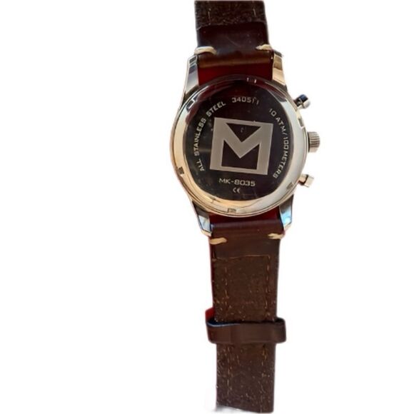 Michael Kors Silver Chronograph Watch MK-8035 with Brown Leather strap - Picture 3 of 6